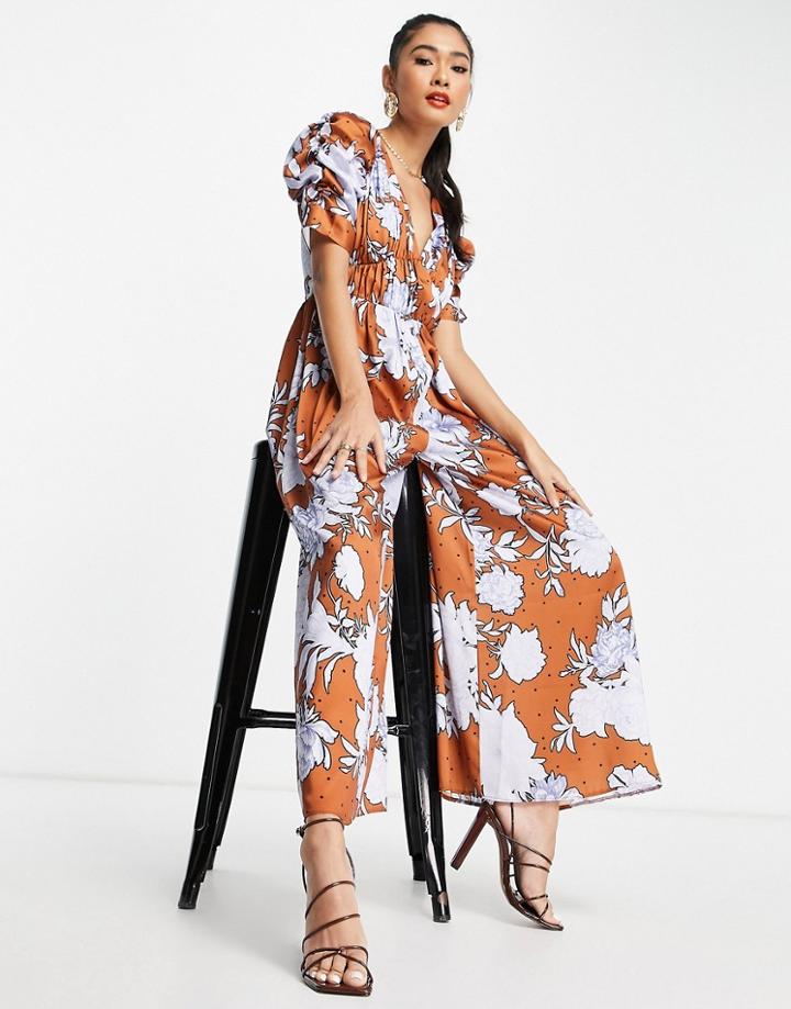 Asos Design Satin Ruched Bust And Sleeve Jumpsuit In Mustard Floral-multi