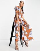Asos Design Satin Ruched Bust And Sleeve Jumpsuit In Mustard Floral-multi
