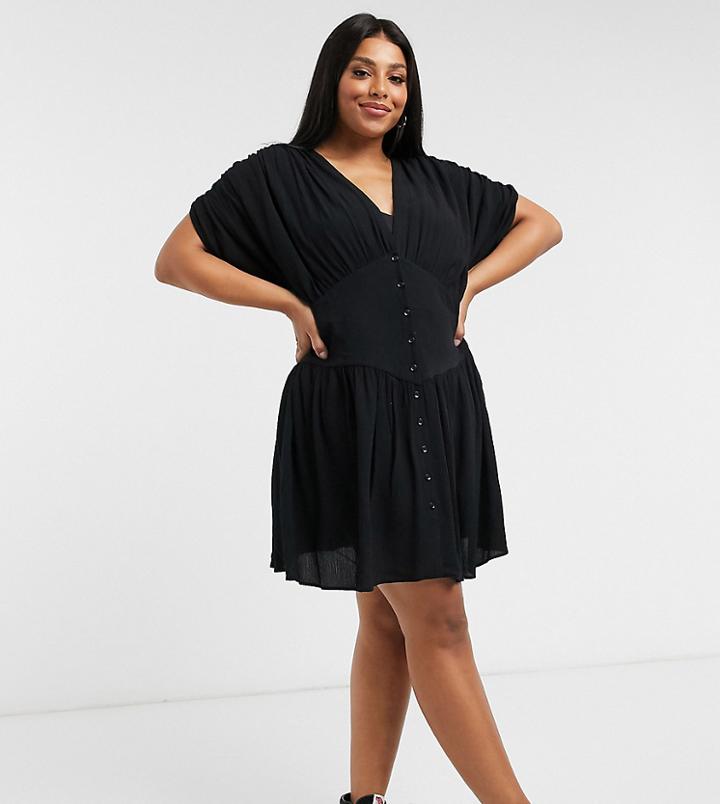 Asos Design Curve Crinkle Button Through Mini Tea Dress-black