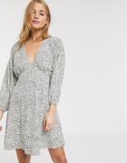 Asos Design 3/4 Sleeve V Neck Mini Smock Dress In Polka Dot Spot Print-multi