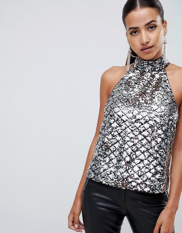 Asos Design Sequin Halter Top With Open Back - Silver
