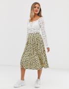 Asos Design Midi Skirt With Box Pleats In Yellow Floral-multi