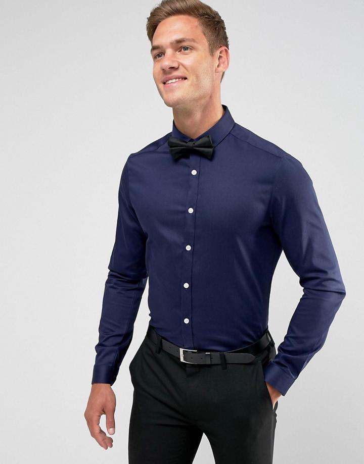 Asos Wedding Stretch Slim Shirt In Navy - Navy