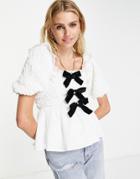 River Island Textured Bow Detail Top In White