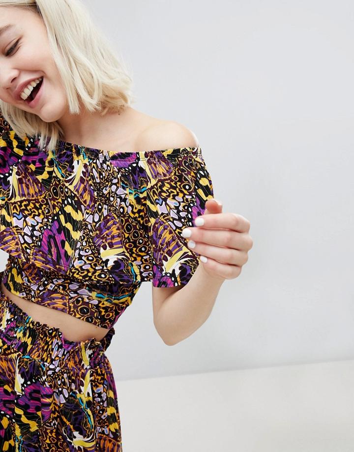 Monki Cropped Frill Bardot Beach Top - Multi