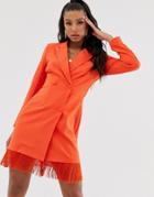 Saint Genies Blazer Dress With Fringe Hem Detail In Orange - Orange