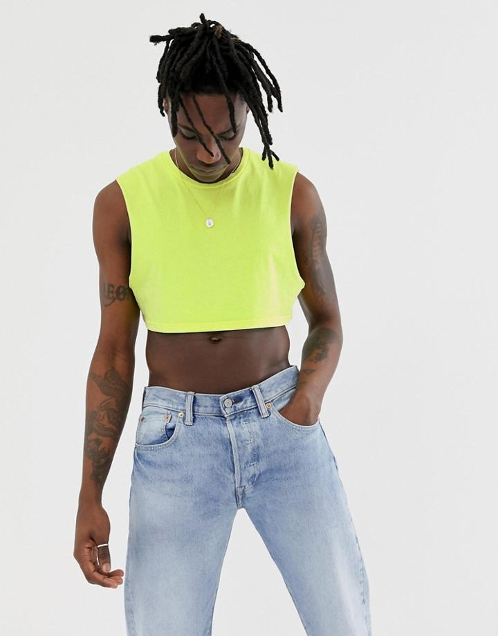 Asos Design Cropped Sleeveless T-shirt In Washed Neon Yellow