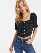 New Look Square Neck Button Through Blouse In Black Polka Dot