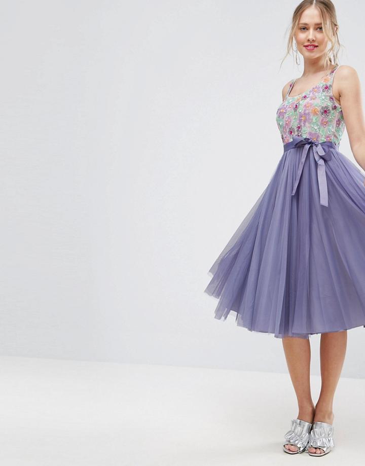 Asos Floral Embellished Bodice Midi Tulle Skater Dress - Multi