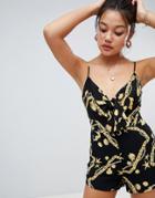 Honey Punch Tie Front Romper In Gold Chain Print - Black