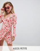 Asos Design Petite Wrap Dress With Frill Detail In Cherry Print - Multi