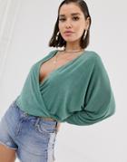 Asos Design Wrap Top In Slinky Fabric With Batwing Sleeve In Khaki - Green