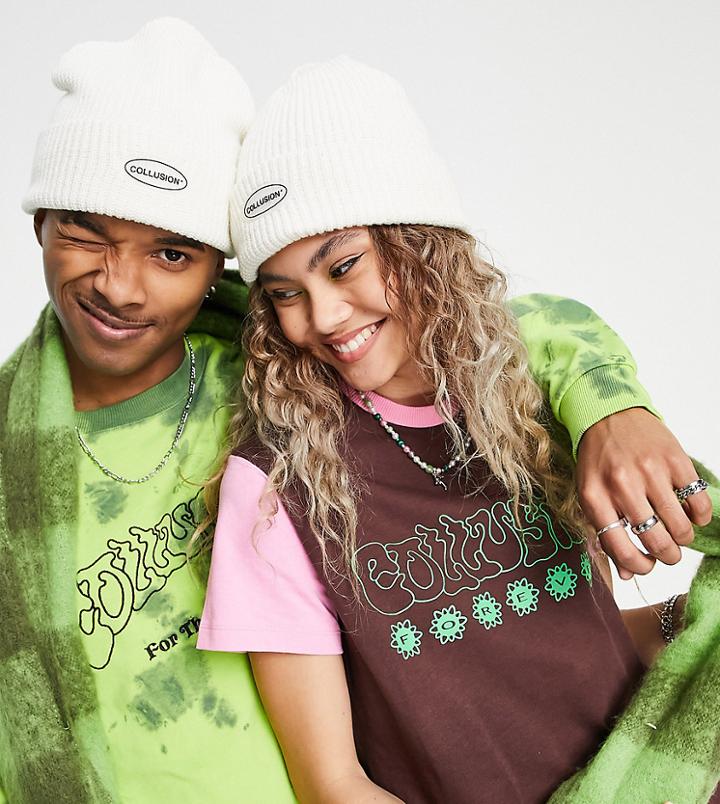 Collusion Unisex Beanie With Logo In Ecru-white