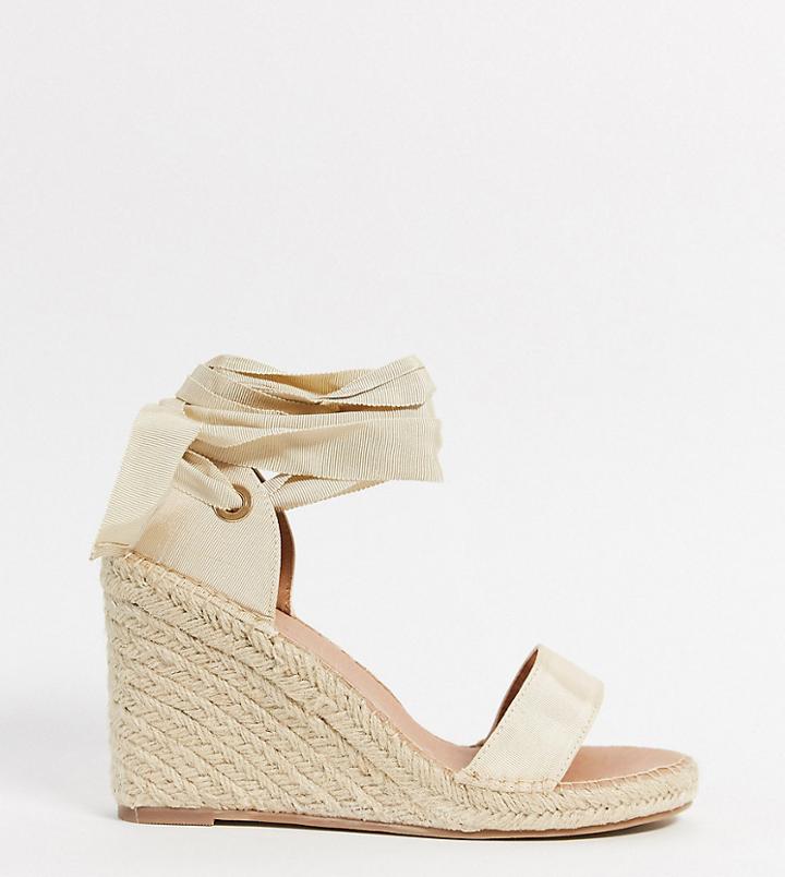 Asos Design Wide Fit Treat Tie Leg Espadrille Wedge Sandals In Natural-neutral