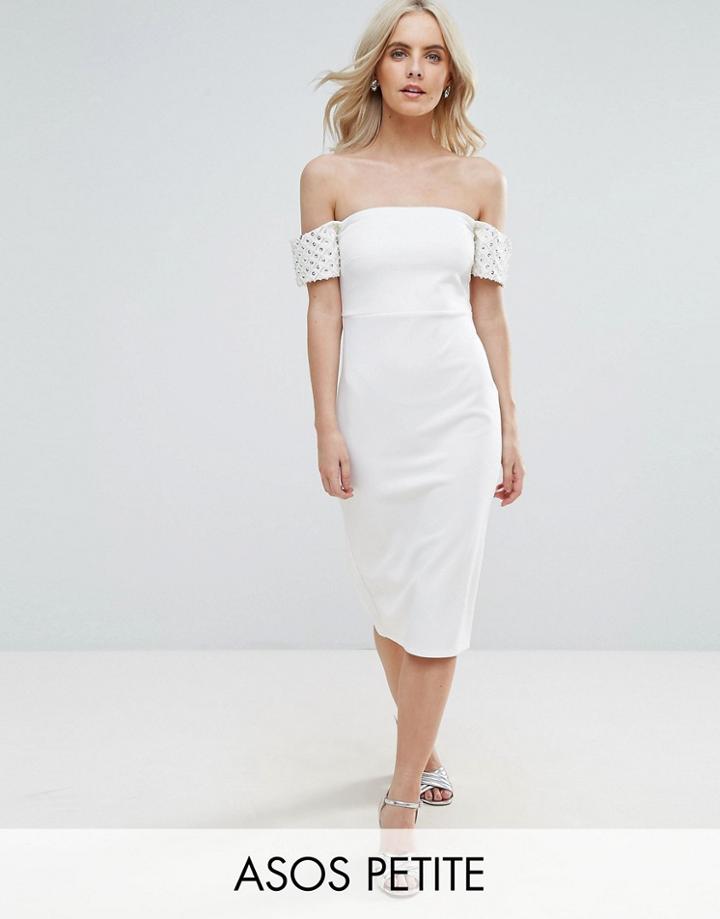Asos Petite Embellished Cuff Midi Bodycon Dress - White