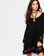 Lira Festival Bell Sleeve Swing Dress With Crochet Trim Detail - Black