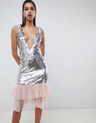 Asos Design Embellished Sequin Plunge Midi Dress With Tulle Pephem - Silver
