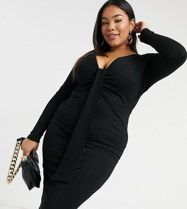 Asos Design Curve Long Sleeve Deep Plunge Tie Detail Midi Dress In Black-pink