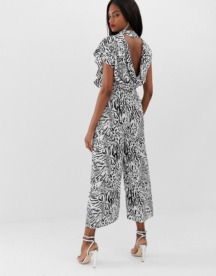 Asos Design Jacquard Animal Open Back Cowl Neck Jumpsuit - Multi