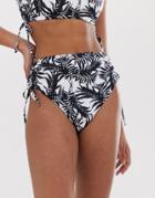 Asos Design Fuller Bust Exclusive Ruched Side High Leg High Waist Bikini Bottom Mono Palm Print - Multi