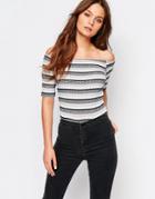 New Look Stripe Fitted Bardot Top - White