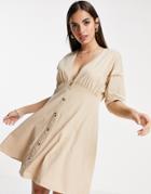 Asos Design Tea Dress With Horn Buttons In Camel-brown