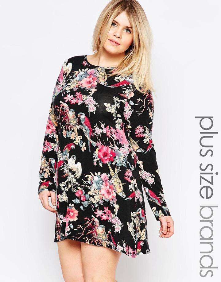 Club L Plus Swing Dress In Ornate Bird Print - Black