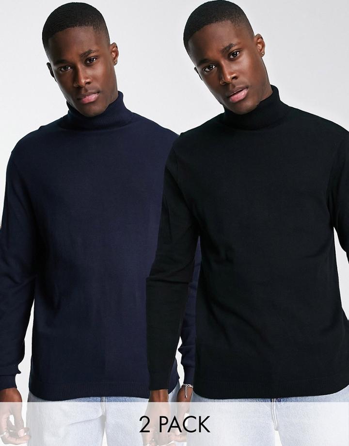 Asos Design 2 Pack Cotton Roll Neck Sweaters In Black & Navy Save-multi