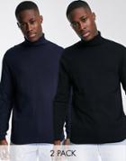 Asos Design 2 Pack Cotton Roll Neck Sweaters In Black & Navy Save-multi