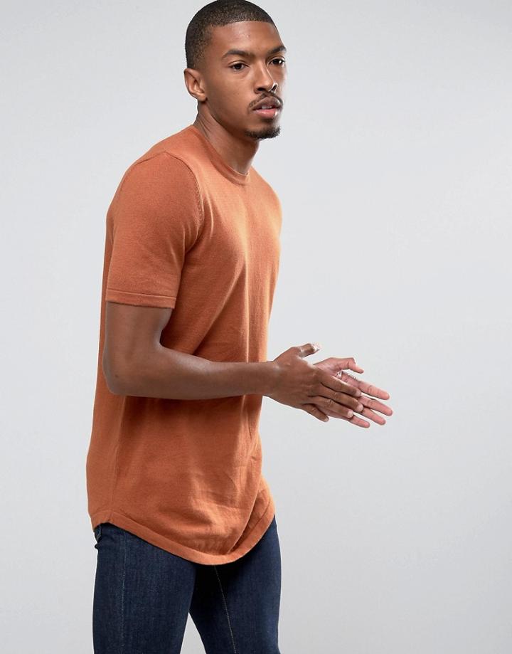 Asos Knitted T-shirt With Curved Hem In Dark Tan - Tan