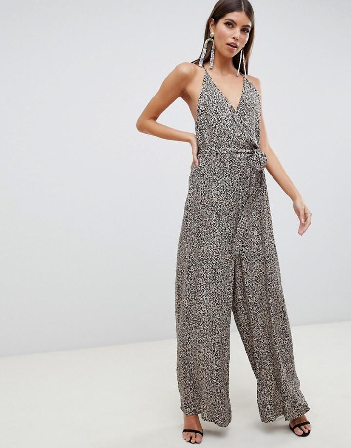 Asos Design Leopard Strappy Jumpsuit - Multi