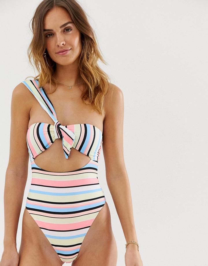 River Island One Shoulder Swimsuit With Knot Front In Stripe-multi