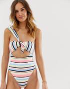 River Island One Shoulder Swimsuit With Knot Front In Stripe-multi