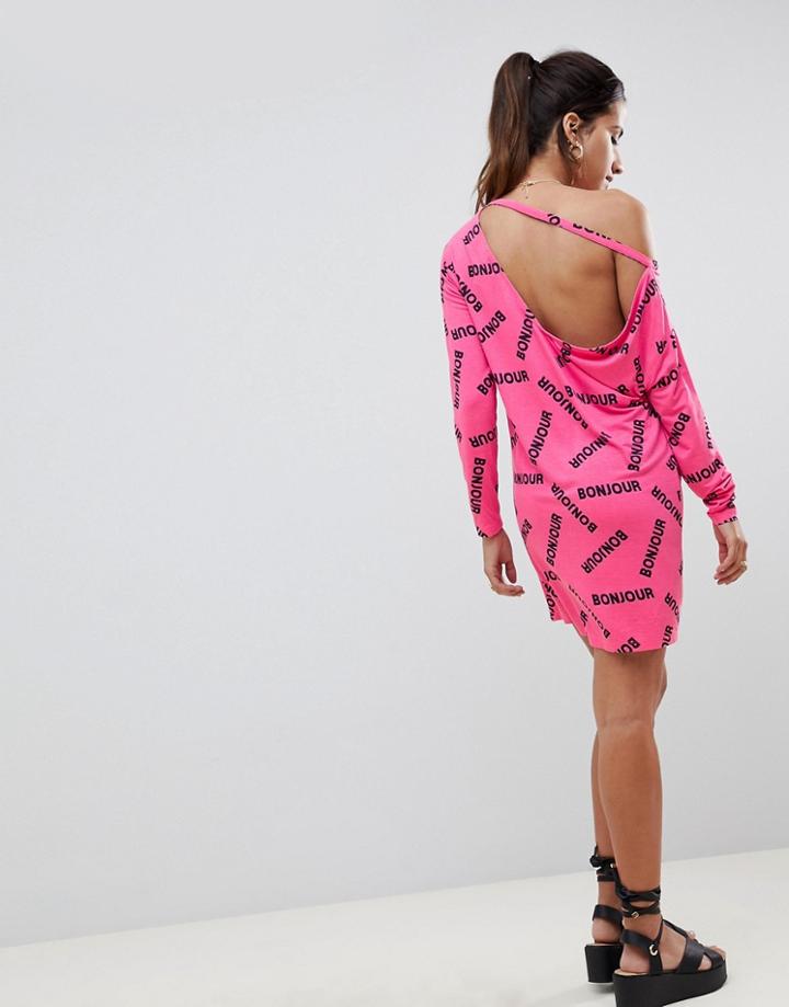 Asos Design Bonjour Print One Shoulder T-shirt Dress With V Back - Multi