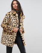 Asos Faux Fur Coat In Leopard Print - Multi