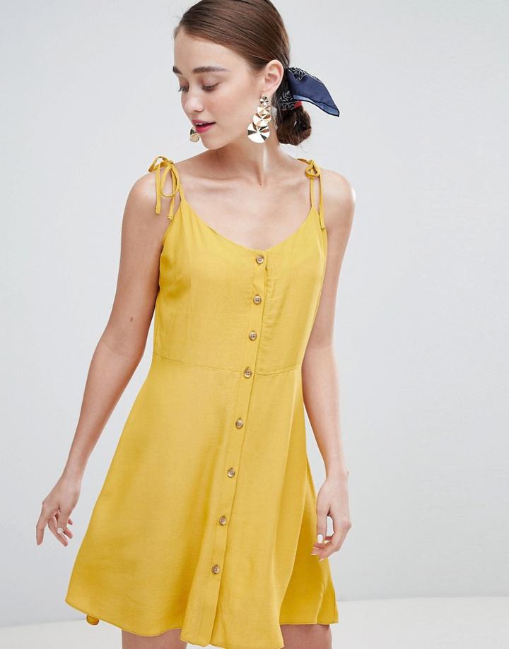 New Look Button Through Skater Dress - Yellow