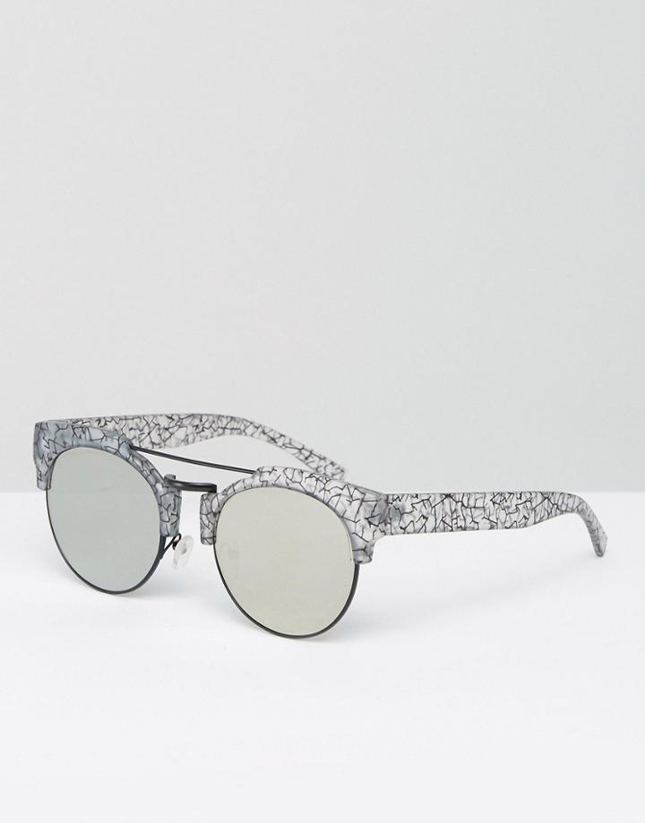 Asos Top Bar Round Sunglasses With Flat Lens In Linear Transfer Print - Multi