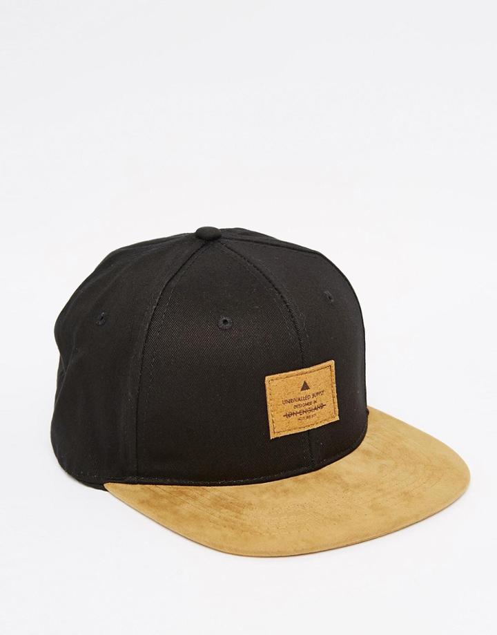 Asos Snapback Cap In Black Canvas With Tan Faux Suede Peak - Black