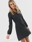 Qed London Button Through Polka Dot Shirt Dress In Black And White - Black