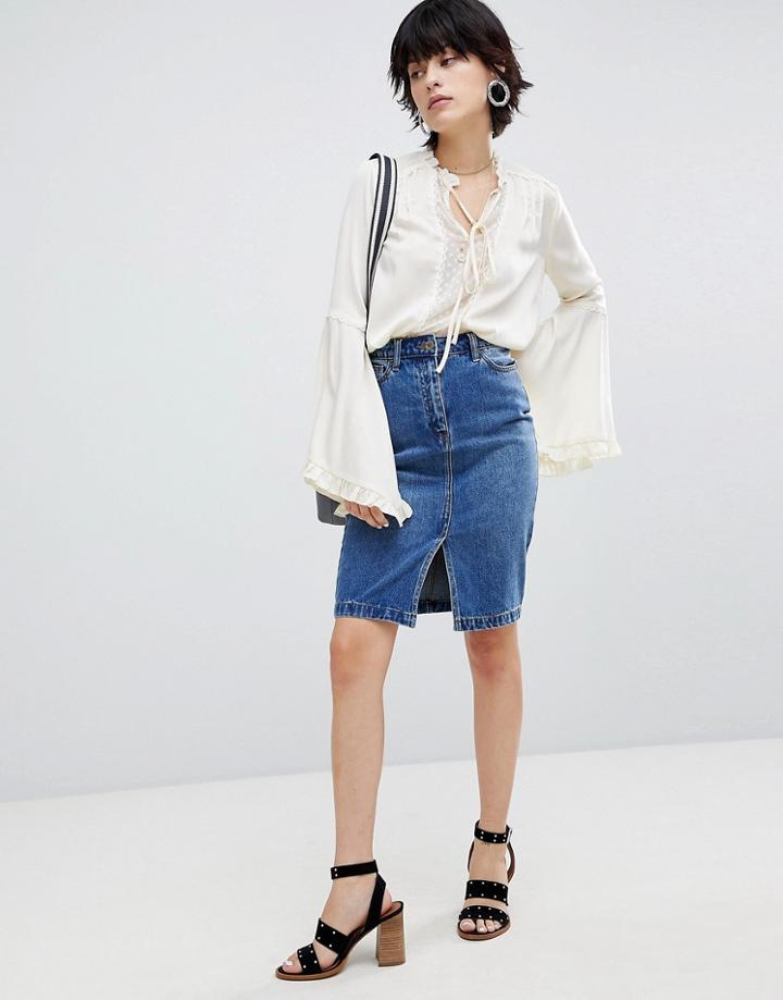 Warehouse Split Front Denim Skirt - Blue