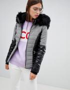 River Island Padded Jacket With Faux Fur Collar In Check-black