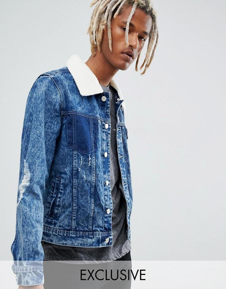 Brooklyn Supply Co Bleach Borg Denim Jacket With Rips-blue