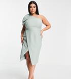 Lavish Alice Plus Exclusive One Shoulder Bow Detail Midi Pencil Dress In Sage Green