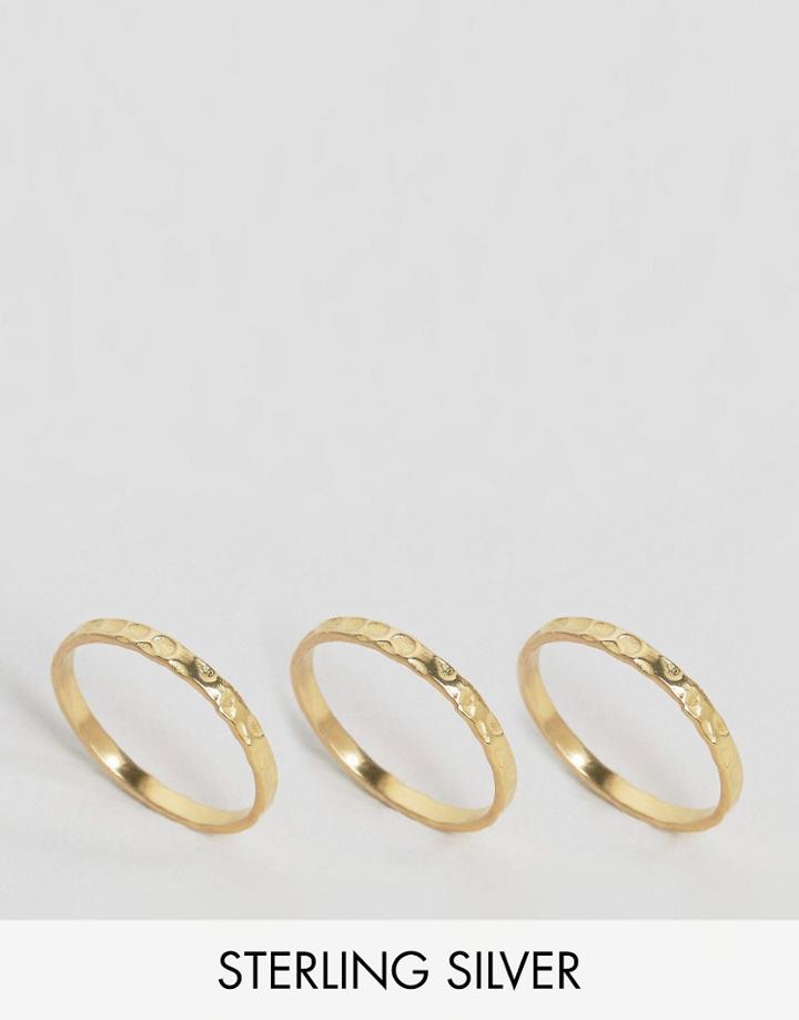 Asos Gold Plated Sterling Silver Pack Of 3 Hammered Rings - Gold