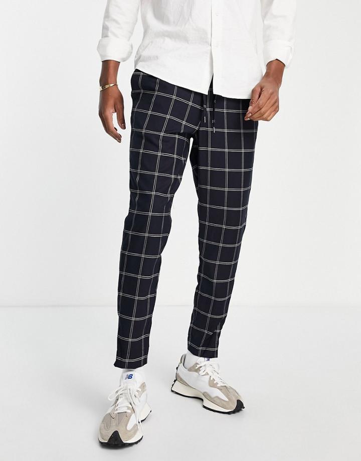 Jack & Jones Intelligence Tapered Smart Pants In Navy Plaid