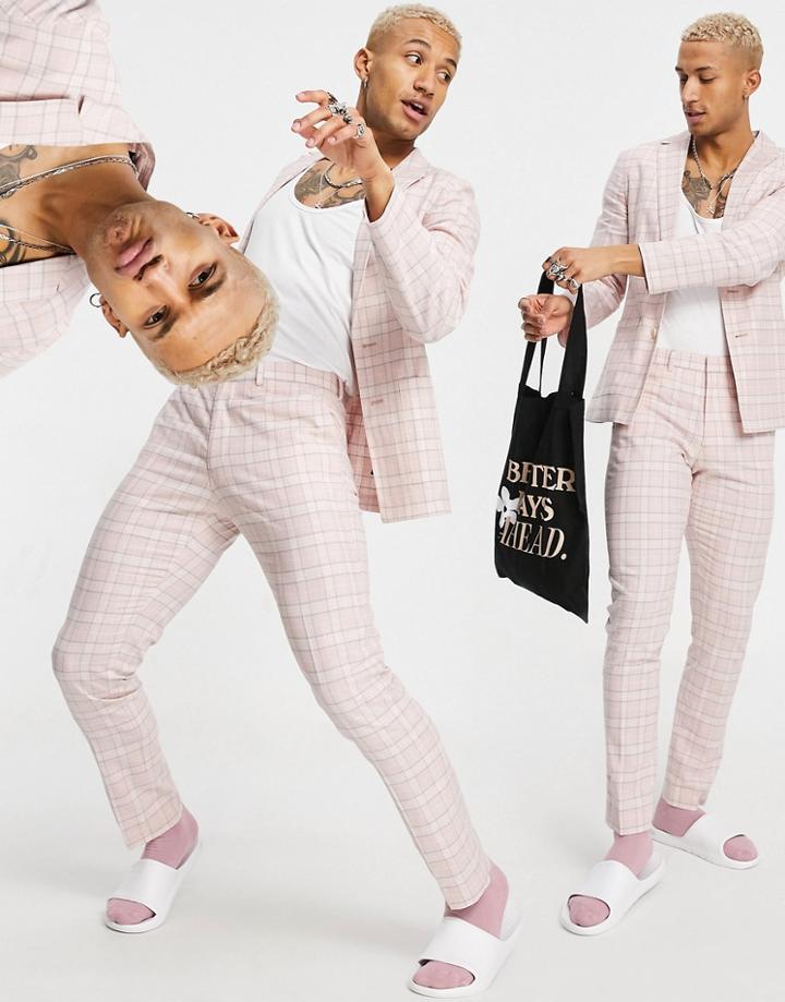 Asos Design Super Skinny Soft Tailored Suit Jacket In Pink Tartan