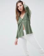 Asos Design Plunge V Neck With Pep Hem - Green
