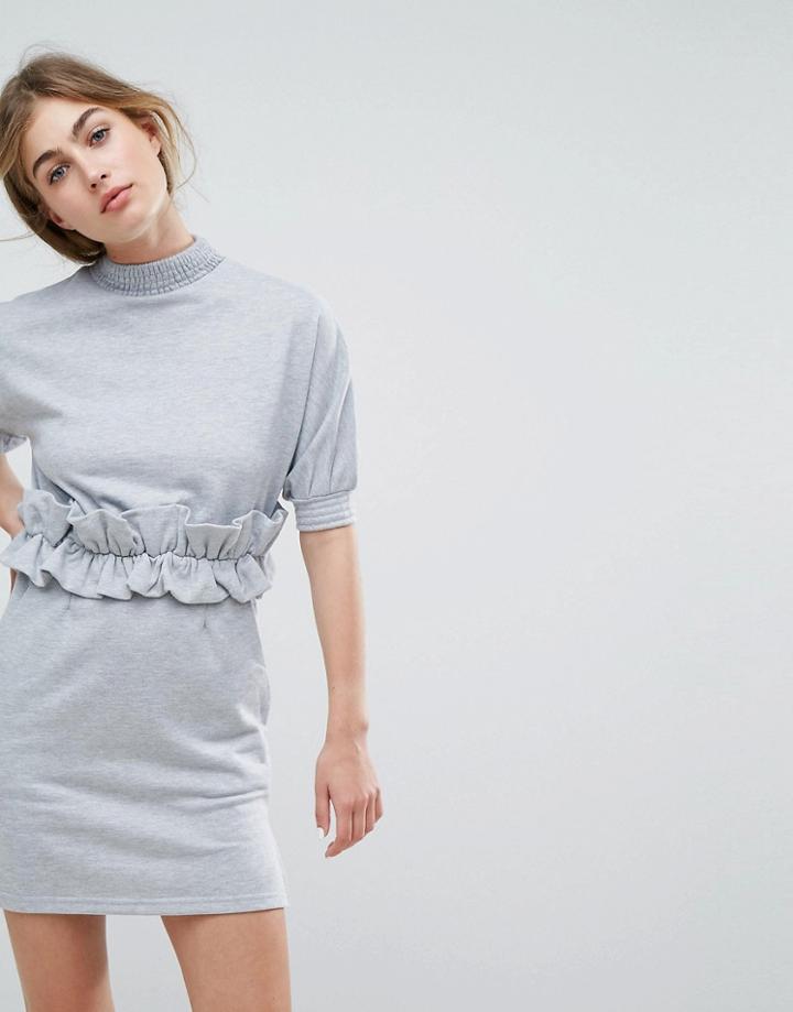 Lost Ink High Neck Sweat Dress With Ruffle Trim Waist - Gray
