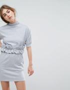 Lost Ink High Neck Sweat Dress With Ruffle Trim Waist - Gray