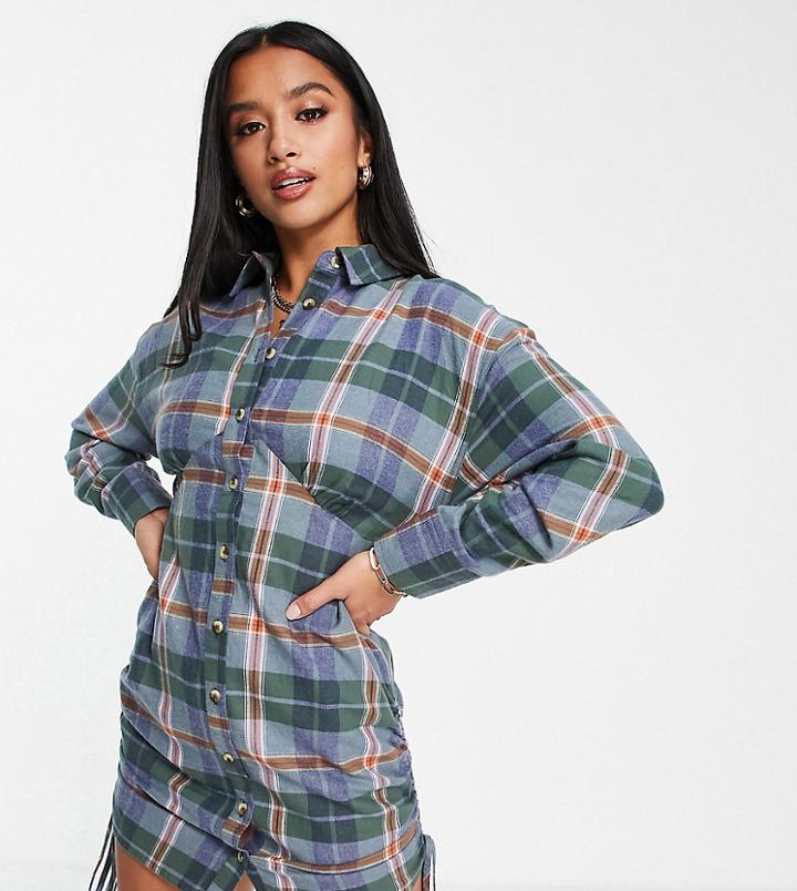 Asos Design Petite Ruched Body-conscious Mini Shirt Dress In Blue Check-multi